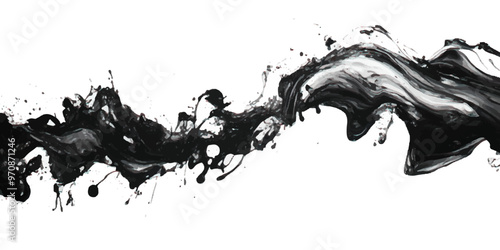 Abstract black ink splashes and waves on white background.