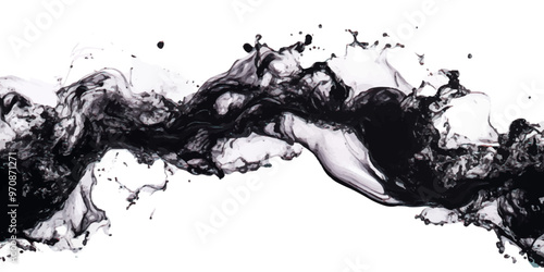 Abstract black ink splashes and waves on white background.