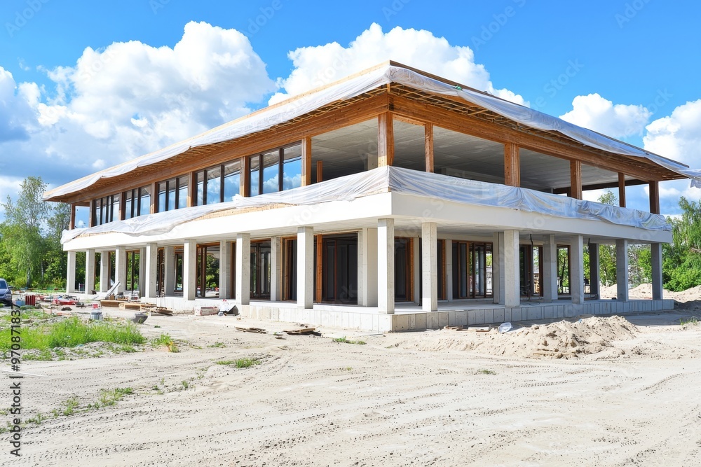 Fototapeta premium Located in the suburbs of Toronto, this modern house features stucco walls, large WTW floor to ceiling windows, wooden decks and an unfinished pergola in the backyard.