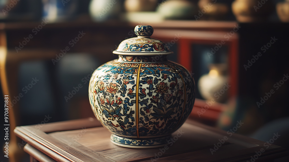 A beautifully decorated porcelain jar with a floral design sits on a wooden table in a dimly lit room. A beautifully decorated porcelain jar with a floral design sits on a wooden table in a dimly lit room.