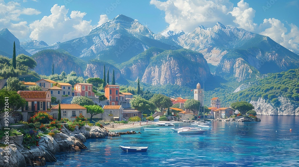 Oil Painting of a Small Town on the Mediterranean Sea Oil Painting of a Small Town on the Mediterranean Sea