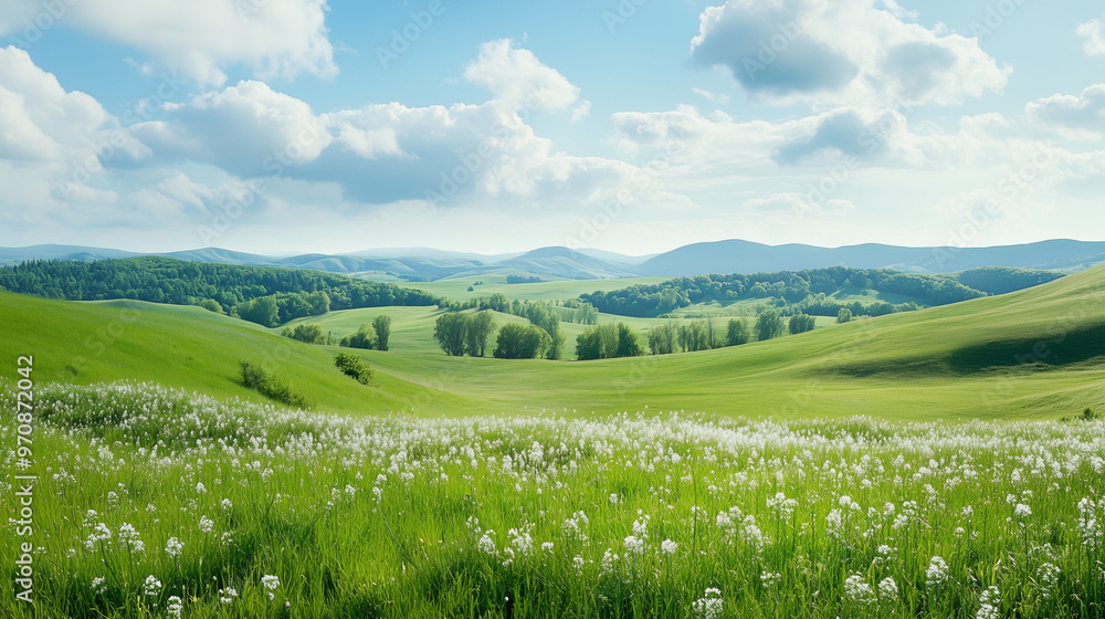 Fototapeta premium Rolling Green Hills: A serene landscape unfolds under a clear blue sky, dotted with fluffy white clouds. The gentle rolling hills, a vibrant green canvas, evoke a sense of tranquility and peace. 