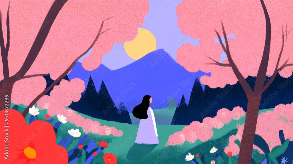 Fototapeta premium An image of a girl walking along a path through a forest of pink trees.