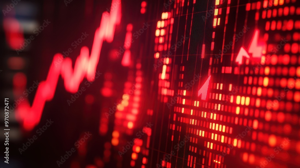 Computer screen filled with red downward arrows, symbolizing stock market correction, financial crash, economic instability Computer screen filled with red downward arrows, symbolizing stock market correction, financial crash, economic instability