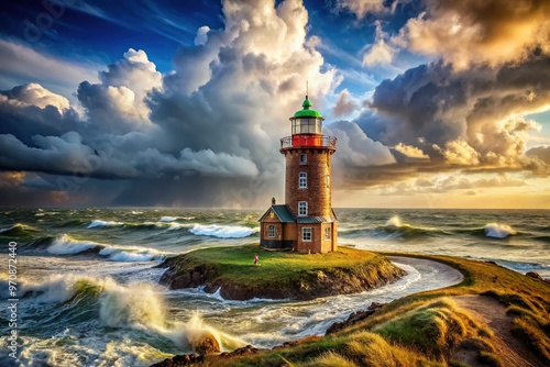 Majestic medieval Neuwerk Island lighthouse standing tall amidst rugged northern German coastline, surrounded by dramatic stormy clouds and rough, wind-whipped sea. photo