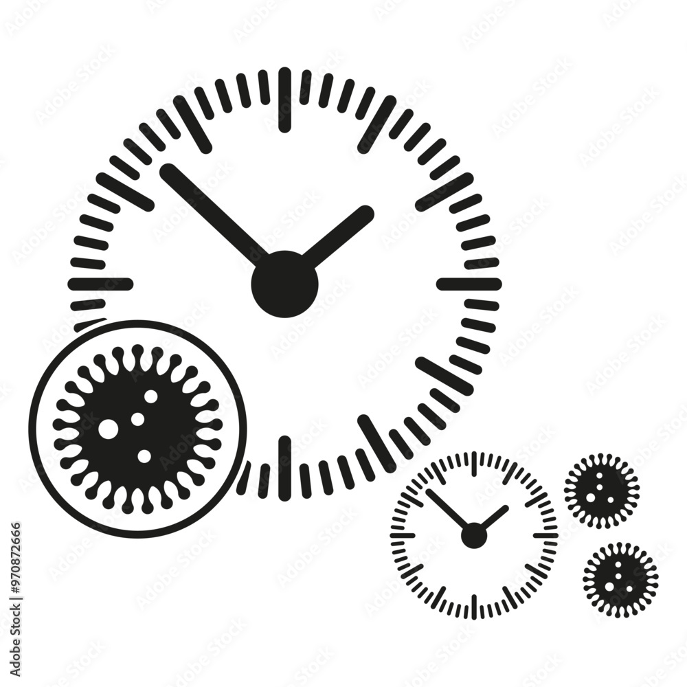 Clock and virus icon. Time and pandemic concept. Black and white design. Vector illustration. Clock and virus icon. Time and pandemic concept. Black and white design. Vector illustration.