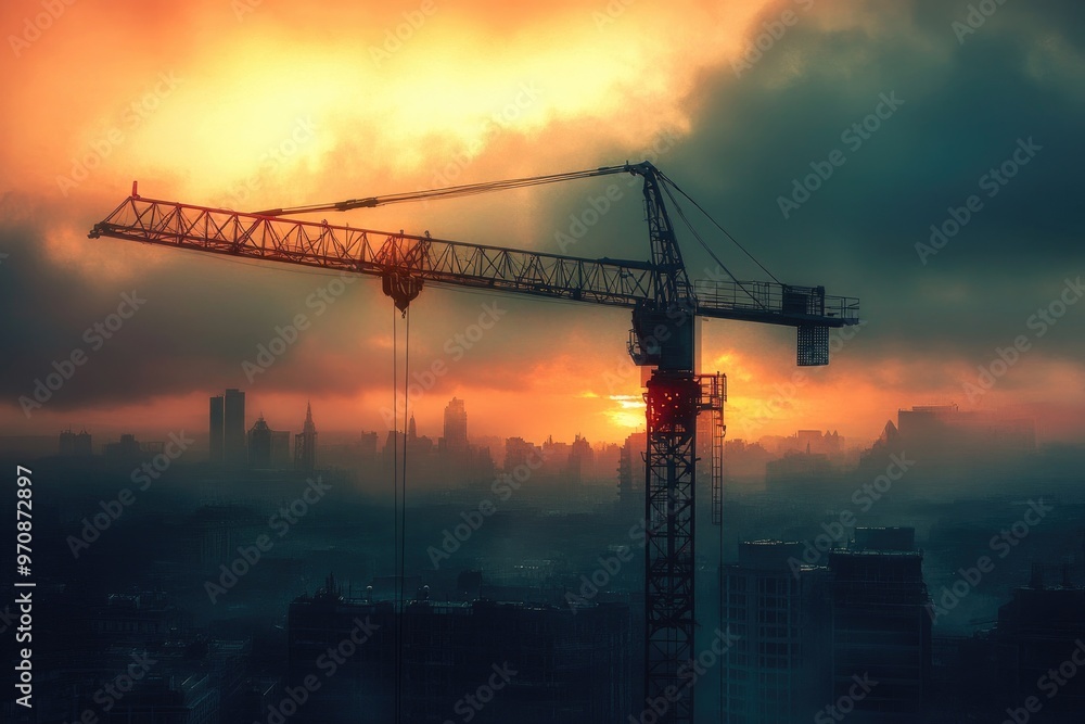 Construction Crane Silhouette at Sunset Over a Cityscape Construction Crane Silhouette at Sunset Over a Cityscape