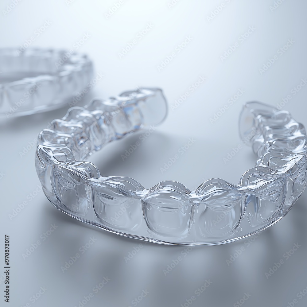 Two transparent dental aligners in motion against a neutral background Two transparent dental aligners in motion against a neutral background