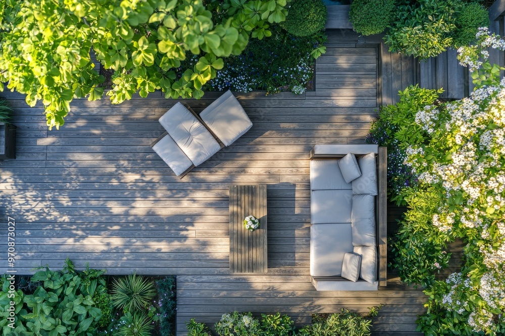 Wooden terrace with wicker garden furniture, seen from the top Wooden terrace with wicker garden furniture, seen from the top