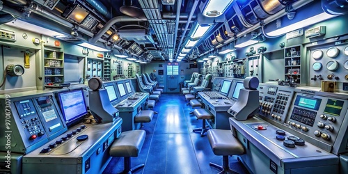 Modern naval submarine interior with sleek control panels, rows of computer monitors, and metallic equipment lining the narrow corridors and compact living quarters. photo