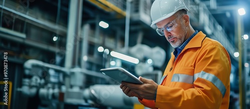 Engineer in an orange safety jacket and hard hat using a digital tablet for inspection in an industrial factory setting at nighttime.