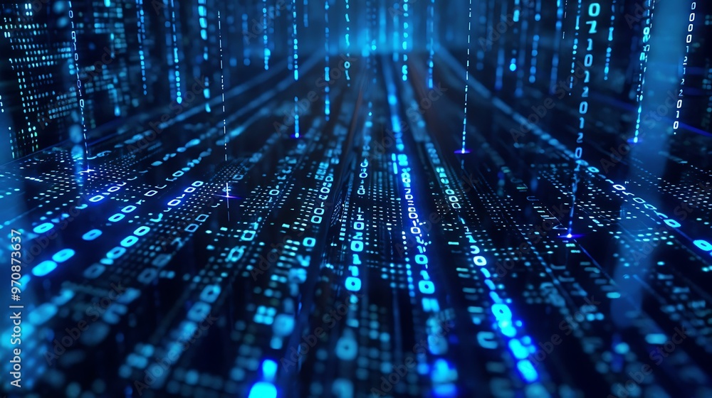 A dark computer screen filled with blue 1s and 0s representing binary data, showing a digital grid pattern and glowing effect