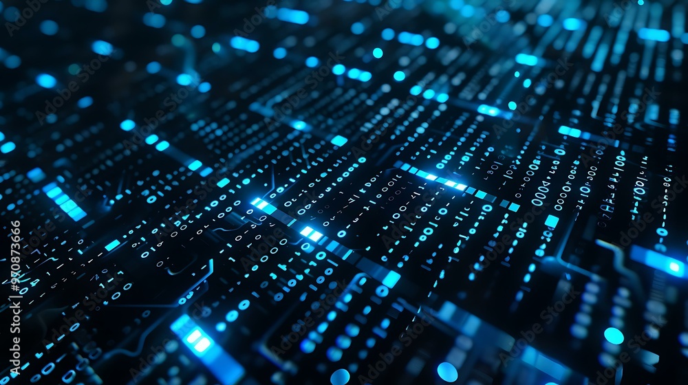 Obraz premium A dark computer screen filled with blue 1s and 0s representing binary data, showing a digital grid pattern and glowing effect