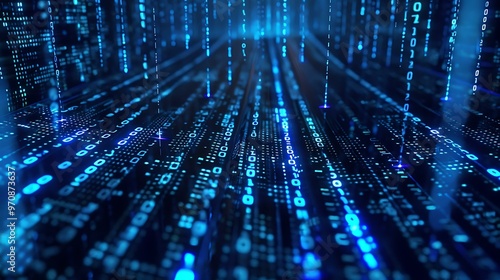 A dark computer screen filled with blue 1s and 0s representing binary data, showing a digital grid pattern and glowing effect