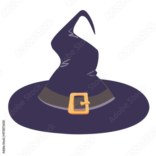 Black witch hat for Halloween. Symbol of witch, sorcerer, wizard, sorcerer. Vector cap with golden buckle on white background.
