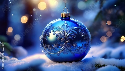 Winter's Glow: The Blue Ornament Against a Snow-Covered Canvas