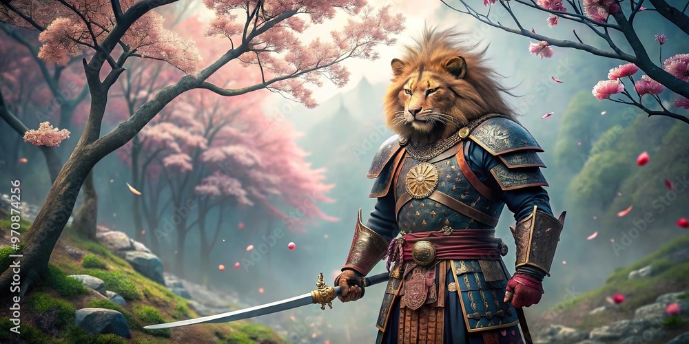 Regal lion dons ornate samurai armor, gripping katana with claw, amidst vibrant cherry blossoms in a serene, misty Japanese-inspired landscape. Regal lion dons ornate samurai armor, gripping katana with claw, amidst vibrant cherry blossoms in a serene, misty Japanese-inspired landscape.