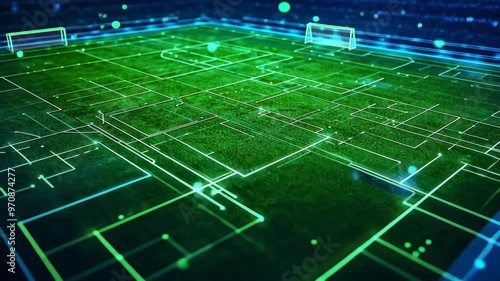 Wallpaper Mural A futuristic soccer field with neon lights and a technology grid pattern. The electric blue and green hues create a vibrant and dynamic atmosphere, making it appear as though the field is digitally Torontodigital.ca