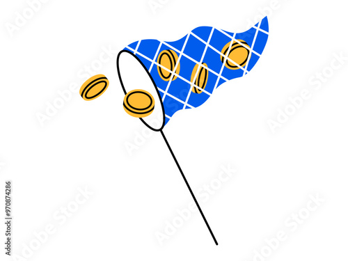 Hand drawn cute cartoon illustration of coin in butterfly net. Flat vector catch flying money sticker doodle. Spend money, financial crisis icon. Income, success or wealth. Isolated.