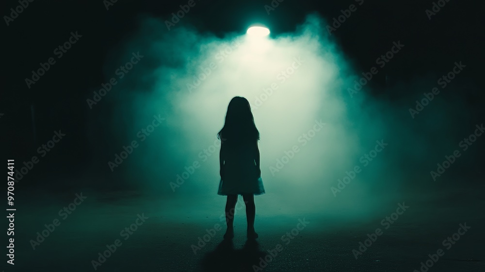 A silhouette of a child emerges from a smoke-filled room: Stock Illustration: Children's fears and mysticism