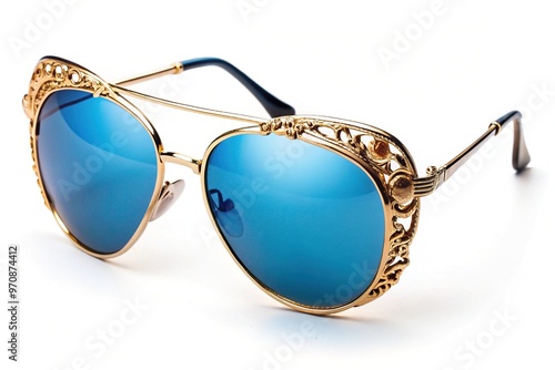 Retro-style aviator sunglasses with gold frames, blue-tinted lenses, and ornate details, evoking nostalgia for a bygone era of air travel and adventure. photo