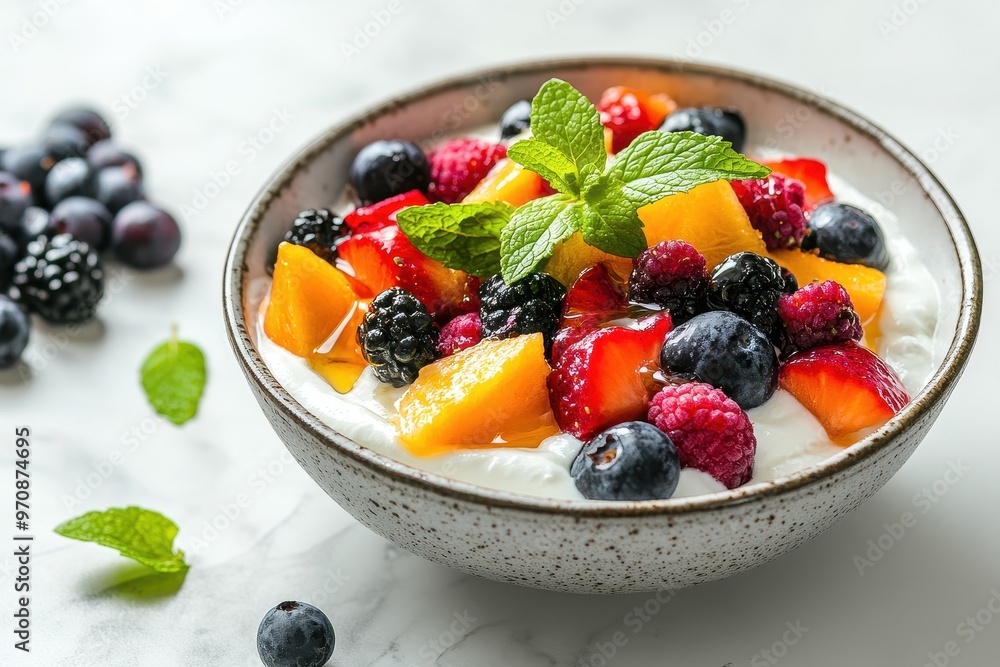 A bowl of yogurt topped with fresh fruits and mint, perfect for a healthy snack. A bowl of yogurt topped with fresh fruits and mint, perfect for a healthy snack.