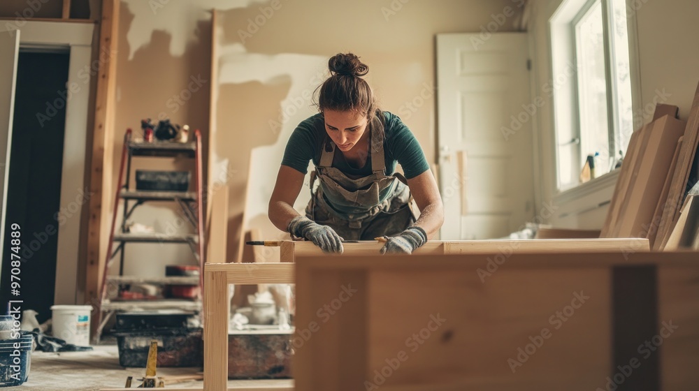 A contractor fixes and assembles furniture under the direction of a female supervisor. A contractor fixes and assembles furniture under the direction of a female supervisor.