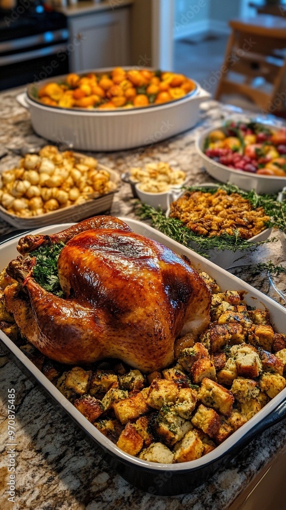 Cena de Acción de Gracias con pavo asado y guarniciones servidos en una mesa de cocina. Comida tradicional, abundante y casera para una celebración familiar Cena de Acción de Gracias con pavo asado y guarniciones servidos en una mesa de cocina. Comida tradicional, abundante y casera para una celebración familiar