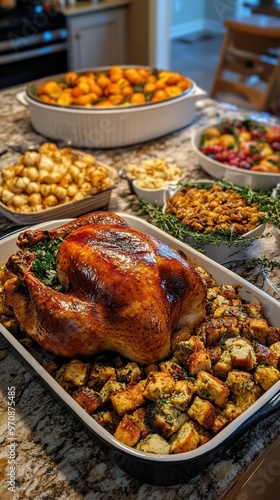 Cena de Acción de Gracias con pavo asado y guarniciones servidos en una mesa de cocina. Comida tradicional, abundante y casera para una celebración familiar