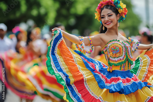 Woman in colorful traditional dress dancing at a latin american street festival