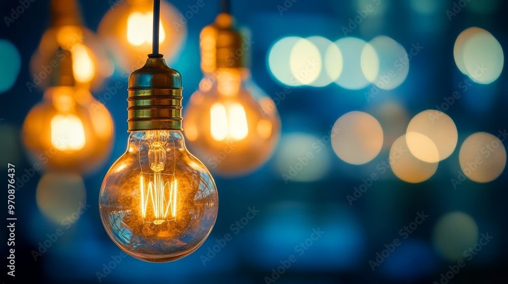 Photo of Hanging light bulbs with depth of field. Modern art Photo of Hanging light bulbs with depth of field. Modern art