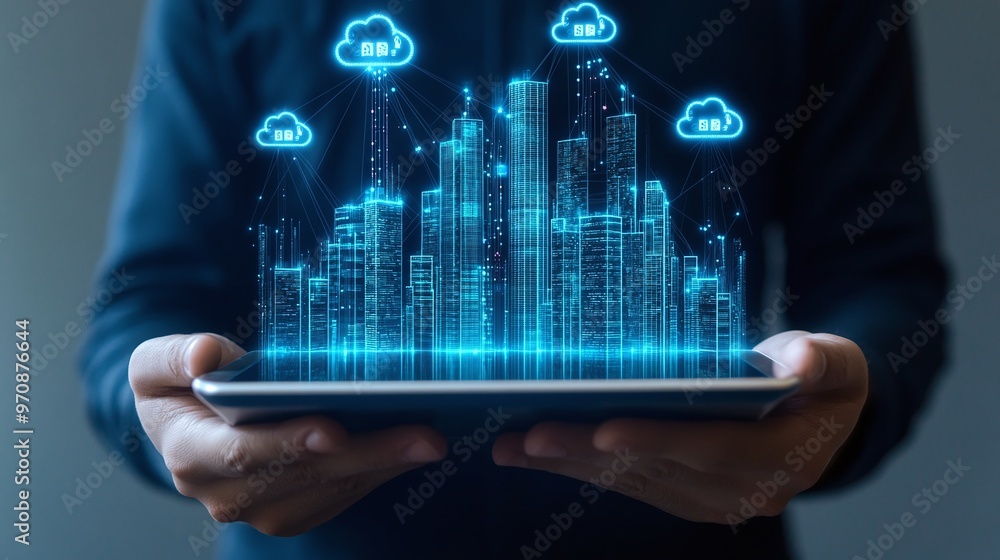 A futuristic digital skyline displayed on a tablet, symbolizing technology, cloud computing, and urban development. A futuristic digital skyline displayed on a tablet, symbolizing technology, cloud computing, and urban development.