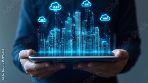 A futuristic digital skyline displayed on a tablet, symbolizing technology, cloud computing, and urban development.