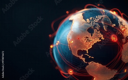 A digital globe with swirling data streams representing flight, hotel, and car rental connections, symbolizing integrated global distribution