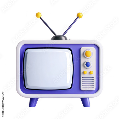 A detailed 3D render icon of an old television set with a blue outline and yellow knobs and buttons captured as a digital illustration photo