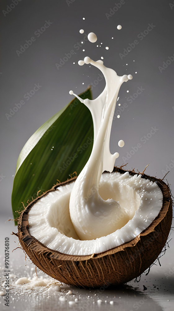 Coconut milk splash with leaves isolated on a mobile wallpaper. Ai generative Coconut milk splash with leaves isolated on a mobile wallpaper. Ai generative