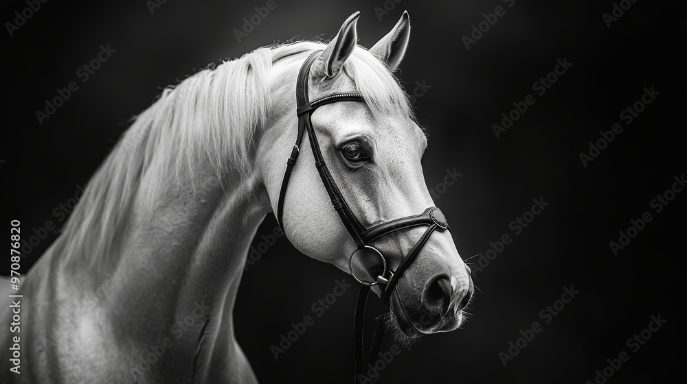 Obraz premium Black-and-white portrait of a sports stallion in a bridle.