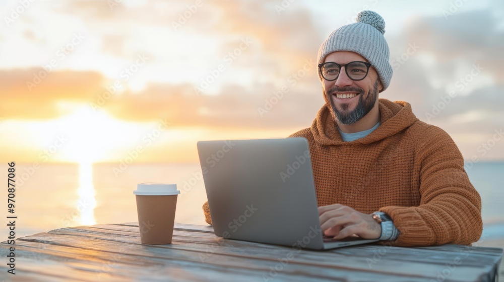 A young digital nomad working on a laptop at a beachside cafe, sunset in the background, vibrant colors highlighting the adventurous lifestyle, digital nomad, travel adventure A young digital nomad working on a laptop at a beachside cafe, sunset in the background, vibrant colors highlighting the adventurous lifestyle, digital nomad, travel adventure