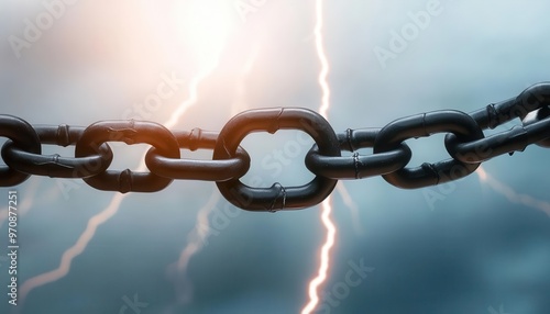 Black chain torn asunder in a powerful lightning storm, signifying sudden and violent liberation photo