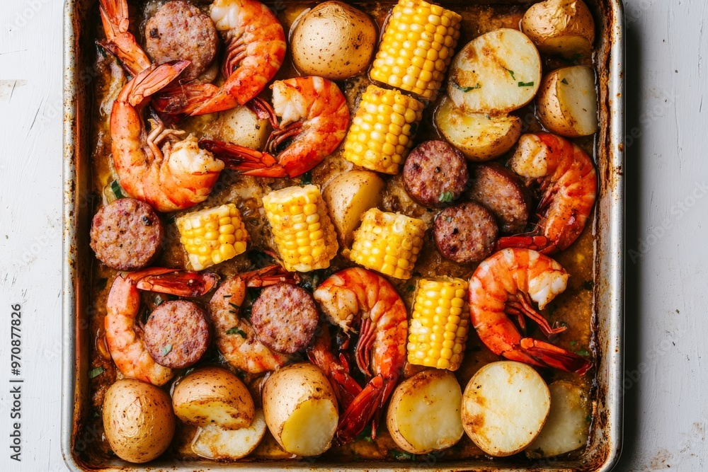 Sheet pan shrimp boil: corn, sausage, potatoes, and seafood feast Sheet pan shrimp boil: corn, sausage, potatoes, and seafood feast