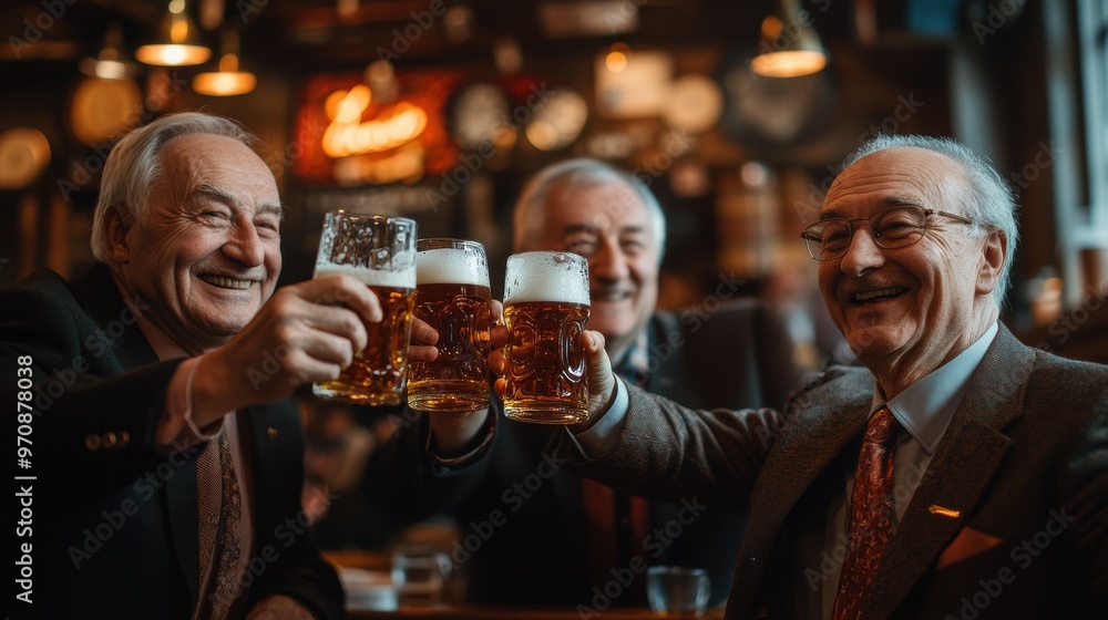 Group of older gentlemen dressed in classic suits, raising glasses of beer celebrating completed project. Group of older gentlemen dressed in classic suits, raising glasses of beer celebrating completed project.