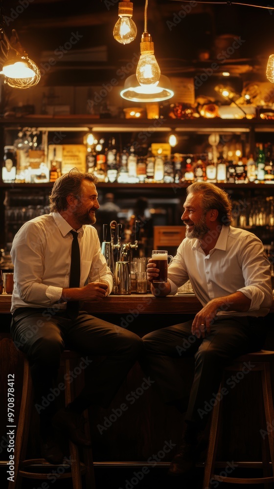 Two smiling businessmen in formal wear, suits, sitting on bar stools, engaged i relaxed conversation, drinking beer. Two smiling businessmen in formal wear, suits, sitting on bar stools, engaged i relaxed conversation, drinking beer.