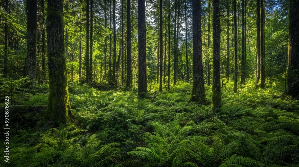 A wide and view of a dense forest in British Columbia A wide and view of a dense forest in British Columbia