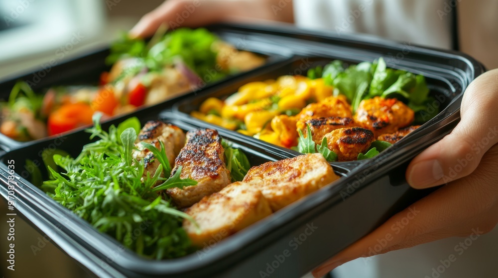 Lunch box with food in the hands. Catering Lunch box with food in the hands. Catering