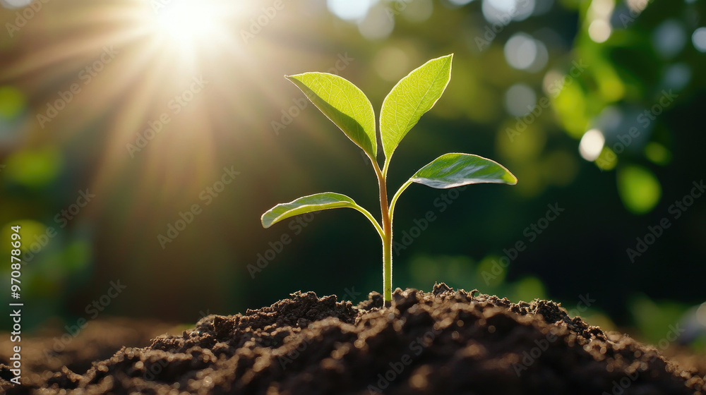 A close up of seedling sprouting from earth, basking in sunlight, symbolizes growth and renewal. vibrant green leaves emerge from rich soil, showcasing natures beauty and resilience A close up of seedling sprouting from earth, basking in sunlight, symbolizes growth and renewal. vibrant green leaves emerge from rich soil, showcasing natures beauty and resilience