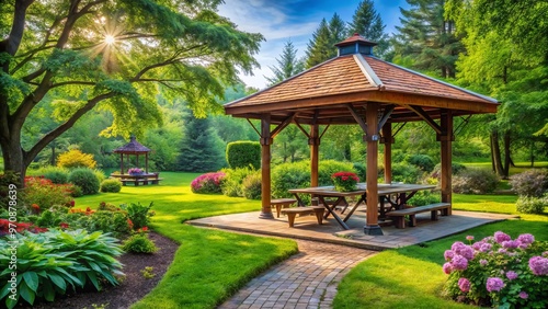 The pavilion's ornate decorations and the rustic picnic table create a charming haven amidst a tapestry of greenery, photo