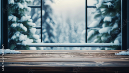 Wooden table with a view of snowy spruce branches in the background through a window
