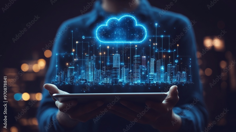 Digital cloud technology concept showcasing data streaming over a city skyline, embodying innovation and connectivity. Digital cloud technology concept showcasing data streaming over a city skyline, embodying innovation and connectivity.