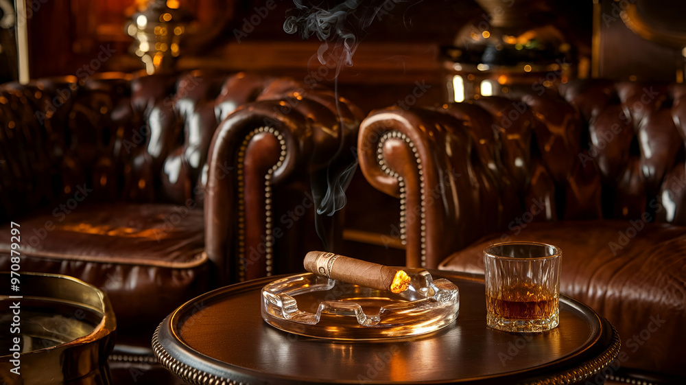 Luxurious Cigar Lounge Scene A Smoldering Cigar in an Elegant Glass Ashtray with Rich Wood and Leather Accents, Whiskey, and Rising Smoke - High-Definition, Premium Lounge Art Luxurious Cigar Lounge Scene A Smoldering Cigar in an Elegant Glass Ashtray with Rich Wood and Leather Accents, Whiskey, and Rising Smoke - High-Definition, Premium Lounge Art