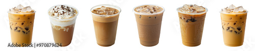 Iced cappuccino coffee in plastic takeaway glass isolated on a transparent or white background, cut out, PNG photo